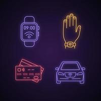 nfc-teknik neonljus ikoner set. nära fältet smartwatch, armband, kreditkort, bil. glödande tecken. vektor isolerade illustrationer