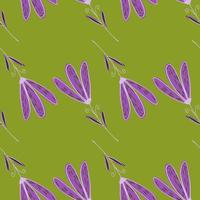 lila konturerade blommor sömlösa doodle mönster. grön bakgrund. dekorativa botaniska konstverk. vektor