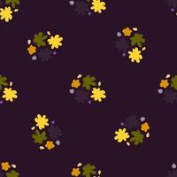 mörka toner sömlöst mönster med botanisk kontrast gula och gröna blomknoppar. lila bakgrund. vektor