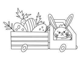 Vektor schwarz-weiß Ostern Umriss LKW-Symbol mit Eiern und Karotten. Häschen, das ein Auto mit den Feiertagsgeschenken fährt, die auf weißem Hintergrund lokalisiert werden. niedliche entzückende frühlingskaninchenillustration für kinder.