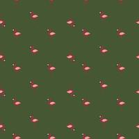 lite exotiska zoo seamless mönster med doodle rosa flamingo prydnad. grön oliv bakgrund. vektor