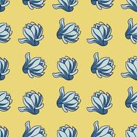 blå färgade magnolia blommor formar sömlösa mönster i doodle stil. ljusgul bakgrund. vektor