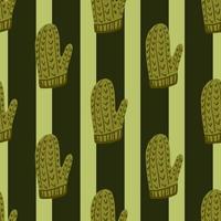 skandinavisches warmes nahtloses muster mit konturierten ornament-handschuhformen. grün gestreifter Hintergrund. vektor