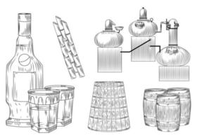 Stellen Sie Cachaca-Alkohol im Doodle-Stil auf weißem Hintergrund ein. Glas und Flasche, Rohrzucker, Fass, Destillierkolben. Gravur Vintage-Stil schwarzer Umriss. vektor