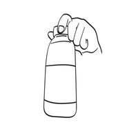 line art närbild hand som håller vatten plastflaska med tom etikett illustration vektor handritad isolerad på vit bakgrund