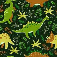 Nahtloses Vektormuster mit niedlichen Cartoon-Dinosauriern. Bunte Reptilien laufen und fressen Gras im Regenwald. Tiere auf dunklem Hintergrund. handgezeichnetes farbgekritzel. flacher Stil. vektor