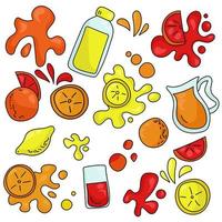 en uppsättning citrusfrukter i form av skivor, juice och hel, apelsinruiprut och citron i olika versioner för design vektor