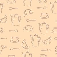 nahtloses muster der strichzeichnungen teekanne, tasse, löffel und croissant. rote Objekte auf rosa Hintergrund. vektor