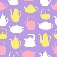 Teekannen und Wasserkocher nahtloses Muster. bunte objekte auf lila hintergrund vektor