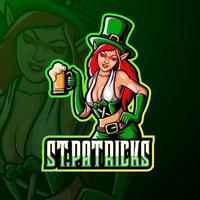 st. Patricks kvinnliga leprechaun esport maskot-logotypdesign vektor