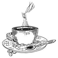 tasse mit kaffee und löffel tee skizzenzeichnung vektor