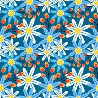 Muster süße Gänseblümchen und Blätter auf blauem Hintergrund. vektor
