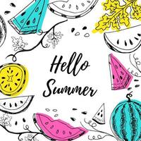 hallo sommer inspirierende motivation postkartenbeschriftungstext mit handgezeichneten wassermelonen und farbigen formen vektorillustration. Sommerfest-Flyer oder Banner-Konzeptvorlage. Ganze, Teile und Samen. vektor