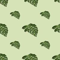 sömlöst mönster för palmblad med minimalistiskt grönt monsterabladstryck. pastell bakgrund. vektor
