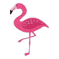 flamingo står på ett ben isolerad på vit bakgrund. söt fågelrosa färg med lång hals och ben. exotiska djur från afrika. i doodle stil vektor