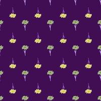 Nahtloses Muster mit handgezeichneten Wildblumen auf violettem Hintergrund. Vektor florale Vorlage im Doodle-Stil. sanfte sommerliche botanische textur.