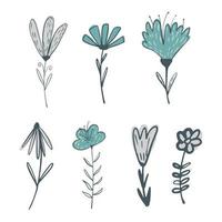 Set aus Blumen auf Zweigen mit Laub auf weißem Hintergrund. abstrakte botanische skizze blaue farbe handgezeichnet im stil gekritzel. vektor