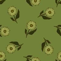 grön oliv sömlösa mönster med konturerade konturer solrosor silhuetter. blek palett vårkonstverk. vektor