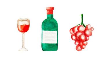 aquarellweinflasche und traubenmalerei. strukturiertes alkoholglas-getränkikonenset. Weinkellerei-Gestaltungselement-Konzeptillustration. vektor