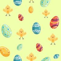 Vektor nahtlose Ostern-Muster. dekorative Ostereier, Küken, auf gelbem Hintergrund zum Bedrucken von Stoff, Scrapbooking-Papier, Geschenkpapier und Tapeten.