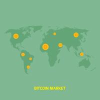 Bitcoins auf Weltkartenabbildung - Geldüberweisung vektor