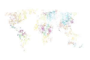 Dotted World map. Abstrakt datorteknik Världskarta av färgstarka runda prickar. Vektor illustration.