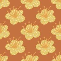 nahtlose Muster Frühlingspflanzen auf orangem Hintergrund. Vektor florale Vorlage im Doodle-Stil mit Blumen.