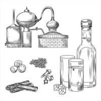 Setzen Sie Ouzo griechischen Alkohol auf weißem Hintergrund. Glas. Flasche, Zimt, Nelken, Anis, Muskatnuss, Destillierkolben. Gravur Vintage-Stil schwarzer Umriss. vektor