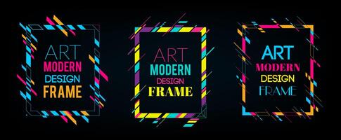 Vektorrahmen für Grafiken der modernen Kunst des Textes. Dynamischer Rahmen mit stilvollen bunten abstrakten geometrischen Formen um ihn auf einem schwarzen Hintergrund. Trendige Neon-Farblinien in modernem Materialdesign.