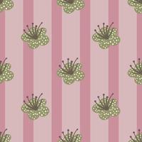 sömlösa mönster vårväxter på rosa randig bakgrund. vektor blommig mall i doodle stil med blommor.