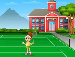 glückliches Mädchen, das Badminton am Schulhof spielt vektor