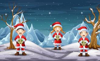 Kinder, die Sankt-Kostüm tragen, singen im Hintergrund des Nordpols vektor