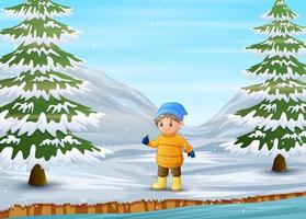 pojke som bär varm jacka och hatt på vintern vektor