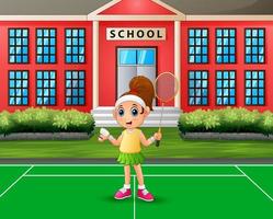 glückliches Mädchen, das Badminton am Schulhof spielt vektor