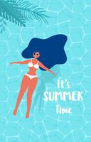 Överblick över sommarpoolparty. Sommartid varm försäljning reklamdesign med tjej på gummiring i poolen. vektor