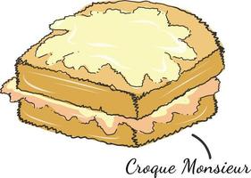 traditionell croque monsieur en skinka och ost smörgås fransk mat doodle illustration. doodle stil europeisk traditionell croque monsieur maträtt. vektor