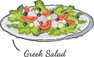grekisk sallad, fräsch sallad med grönt, oliver, körsbärstomater, lök, ost och gurka. organisk mat. färgad doodled stil europeisk mat vektor