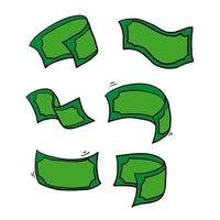 handritad tecknad film fallande pengar räkningar. flygande grön dollarsedel, usd-valuta. amerikanska pengar flytande sedlar, bankfinansiering investering eller jackpottvinst. klotter vektor