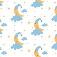 vektor mönster med månen och moln. sött barnsligt godnattmönster. mönster med natthimlen och månen.