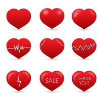 Satz von neun roten Herzen auf weißem Hintergrund. . Valentinstag Vektor-Sammlung. Liebesgeschichte-Symbol. Gesundheit medizinisches flaches Symbol. einfach zu bearbeitende Designvorlage. vektor