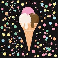 Eis auf schwarzem Hintergrund mit buntem Konfetti. Cartoon-Eistüte im flachen Stil. Konzept der Desserts. Sommer-Vektor-Illustration. italienisches Eis. vektor