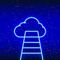 Neonblaue Treppe zum Wolken-Icon-Design. Erfolgsidee-Phase. treppenschild in richtung wolken, die vom boden aufsteigen. neonleiter und wolkensymbol realistisches neonsymbol. lineares Symbol auf blauem Hintergrund. vektor