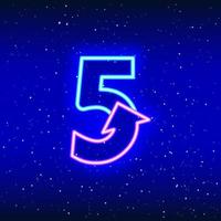 Nummer 5 und Pfeilzeichen-Symbol in Neonblau und Pink. Pfeilziffer fünf von Weltraumsternen. Neon lineares Zifferndesign. realistische neonikone. lineares Symbol auf blauem Hintergrund vektor