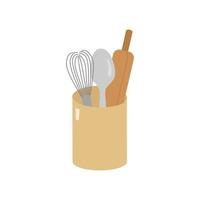 köksredskap, visp, sked, kavel i ett glas. vektor illustration i en tecknad platt stil. för vykort, etiketter, design, banderoller, reklam