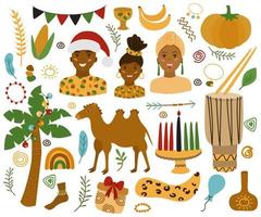 kwanza uppsättning element för den traditionella afrikanska julen och nyåret. kinara, ljus, trumma, spikelet, presenter, afrikansk familj, flaggor, kamel. vektor illustration.