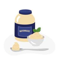 Mayonnaise, Sauce in einem Glas, schön daneben in einer Tasse und auf einem Löffel, Konzept. vektorillustration in einem flachen handgezeichneten karikaturstil. für Design, Banner, Werbung vektor