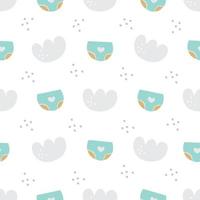 seamless mönster för baby shower boy. blöjor, trosor och moln, söt enkel baby bakgrund. vektorillustration för kläder, utskrift på papper, på tyg, vykort, design. vektor