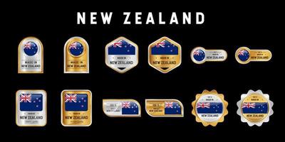 tillverkad i nya zeeland etikett, stämpel, märke eller logotyp. med Nya Zeelands nationella flagga. på platina, guld, silver, blå, vita och röda färger. premium- och lyxemblem vektor