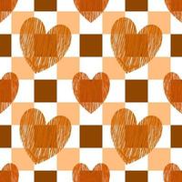 alla hjärtans sömlös bakgrund. hjärtan på en schackbräde bakgrund. seamless mönster. handritad vektor linjer. omslagspapper mönster. alla hjärtans dag dekoration mönster. bränd apelsin.