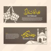 ramadan kareem und eid mubarak banner mit handgezeichneter illustration von moschee und ketupat vektor